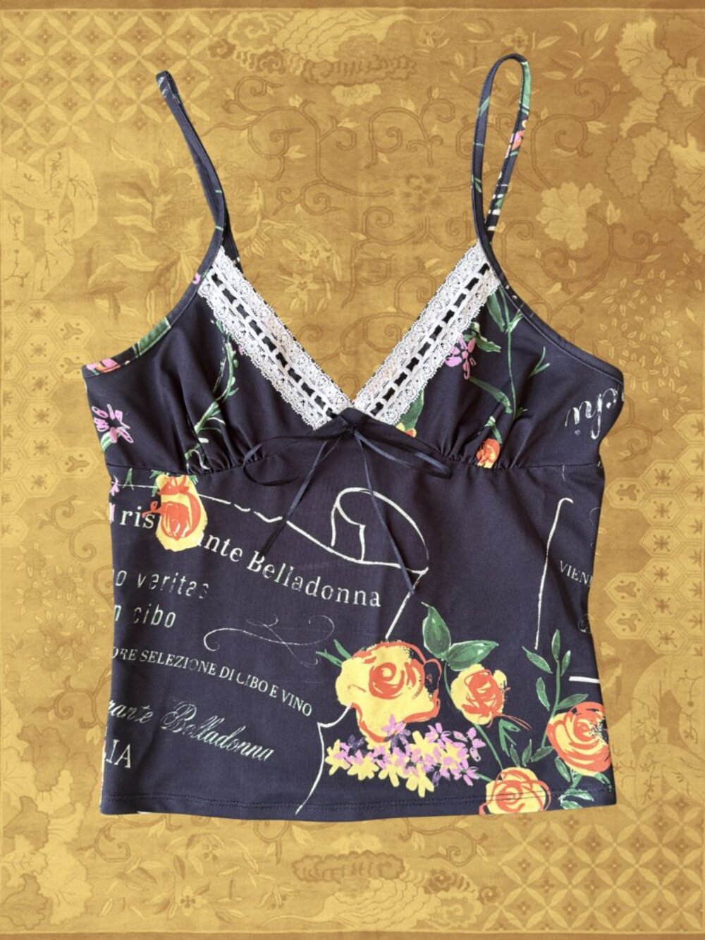 Urban Outfitters Kimchi Blue Floral Lace Trim Satin Cami Italian Script Print XS